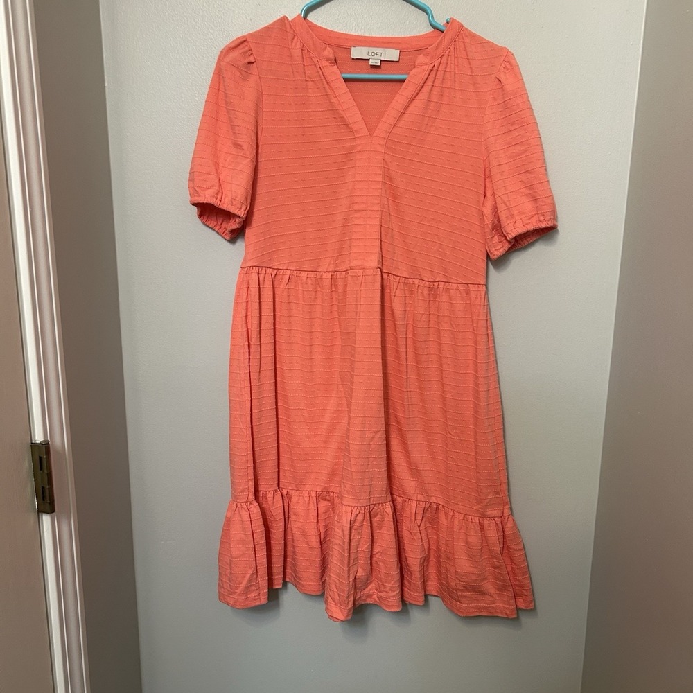 LOFT Coral Pink Textured Tiered Babydoll Mini Dress Short Sleeve XS Coastal